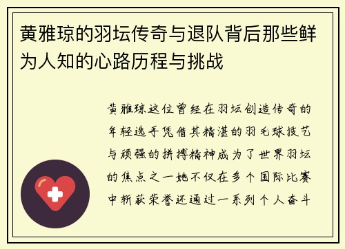 黄雅琼的羽坛传奇与退队背后那些鲜为人知的心路历程与挑战