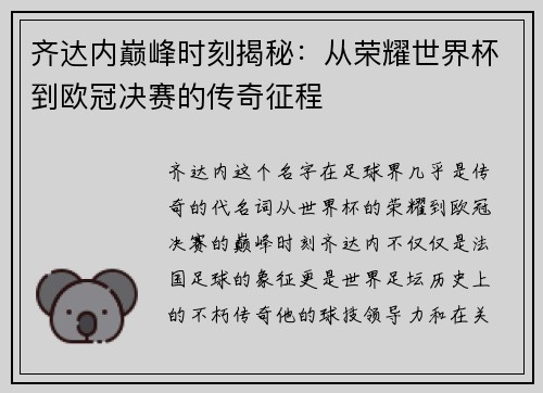 齐达内巅峰时刻揭秘：从荣耀世界杯到欧冠决赛的传奇征程